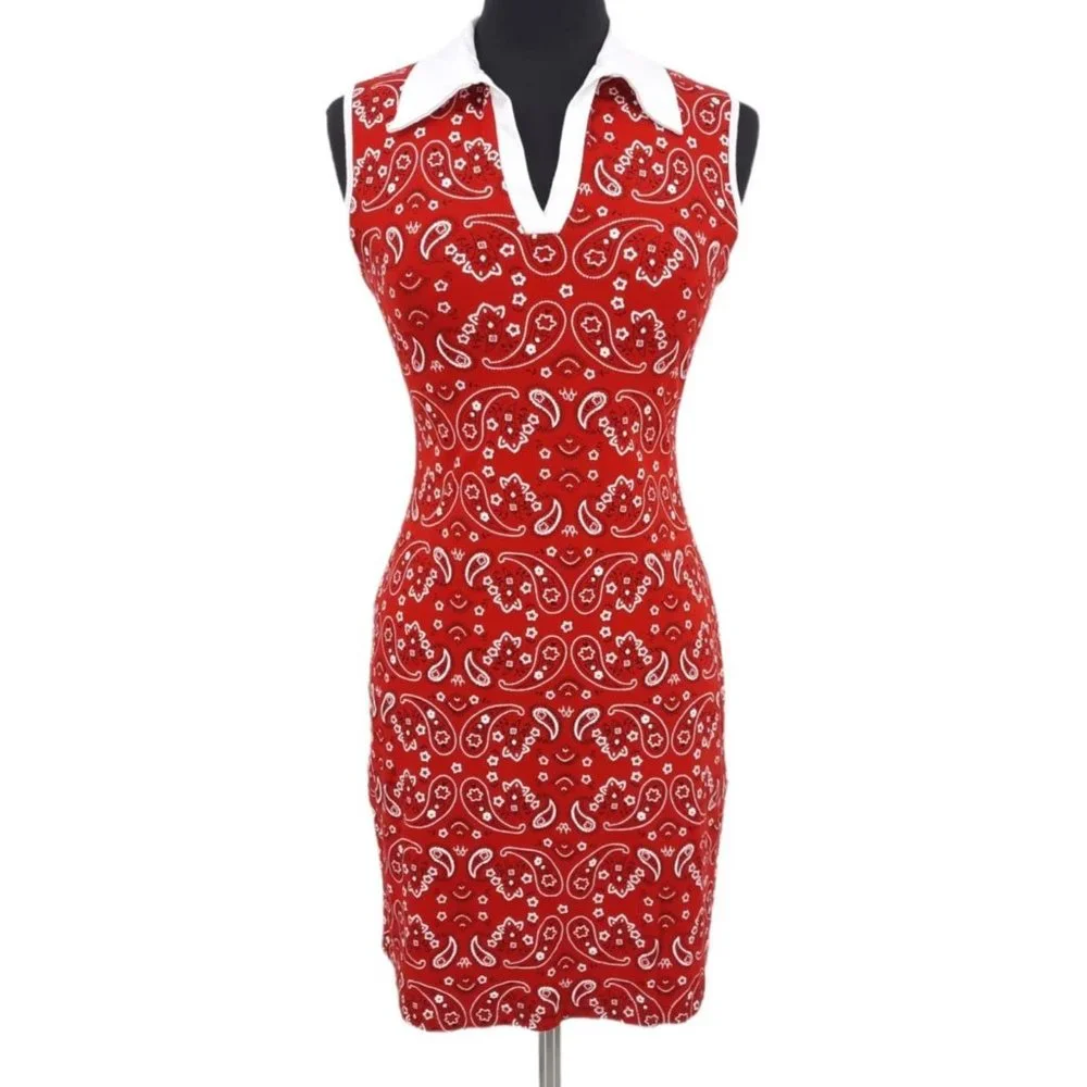 VTG 90s Rave Red Paisley Floral Bandana Print Bodycon Sleeveless Polo Dress M